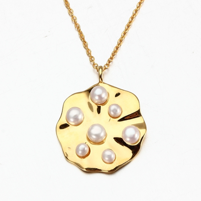 925 Sterling Silver Gold Textured Disc Pendant Necklace with Freshwater Pearl Accents