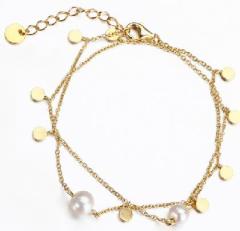 925 Sterling Silver Double-Layer Bracelet with Freshwater Pearls and Disc Charms