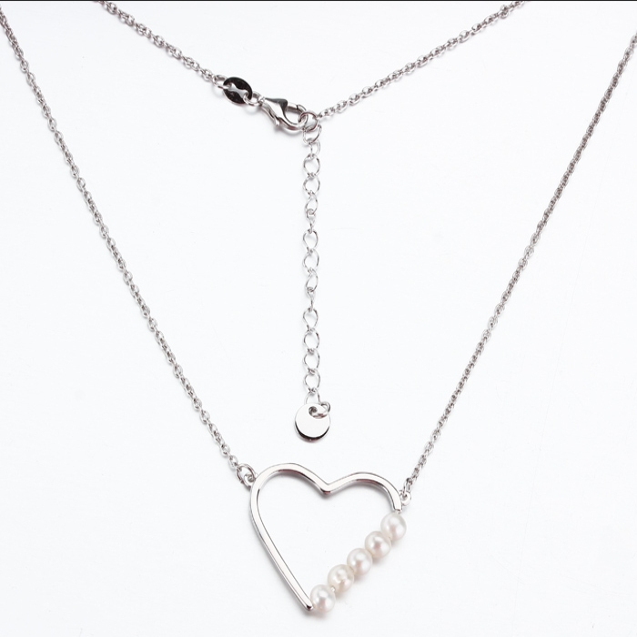 925 Sterling Silver Adjustable Open Heart Pendant Necklace with Pearls