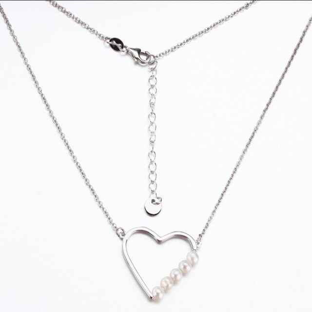 925 Sterling Silver Adjustable Open Heart Pendant Necklace with Pearls