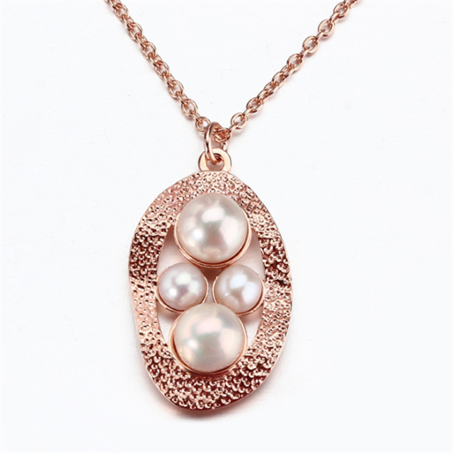 925 Sterling Silver Rose Gold Textured Pendant Necklace with Freshwater Pearls