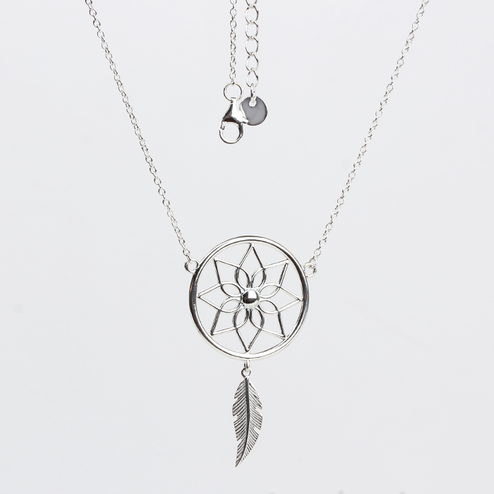 925 Sterling Silver Adjustable Dreamcatcher Pendant Necklace with Feather Charm