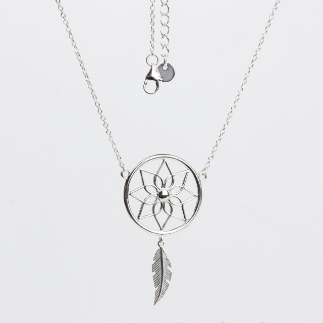 925 Sterling Silver Adjustable Dreamcatcher Pendant Necklace with Feather Charm