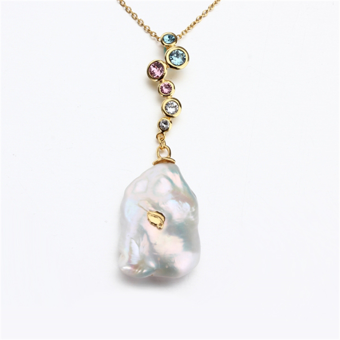 925 Sterling Silver Gold Baroque Pearl Pendant Necklace with Multicolor Crystal Accents