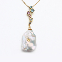 925 Sterling Silver Gold Baroque Pearl Pendant Necklace with Multicolor Crystal Accents