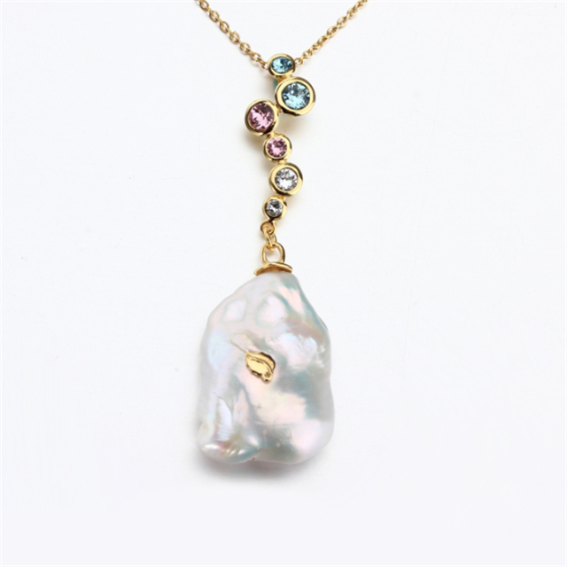 925 Sterling Silver Gold Baroque Pearl Pendant Necklace with Multicolor Crystal Accents