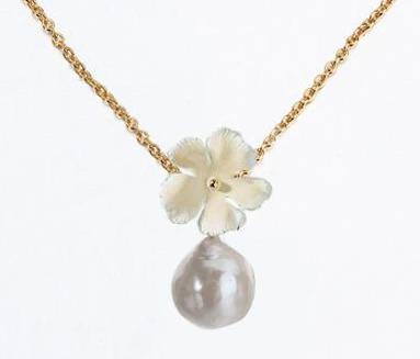 925 Sterling Silver Gold Flower Pendant Necklace with Baroque Pearl Drop