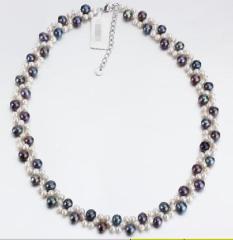 925 Sterling Silver Two-Tone Black & White Freshwater Pearl Twisted Choker Necklace