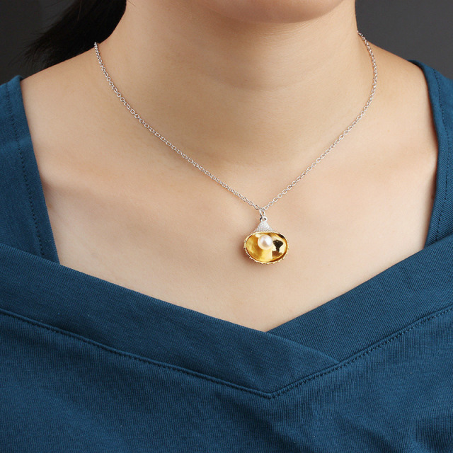 925 Sterling Silver Adjustable Necklace with Oval Citrine and Pearl Pendant