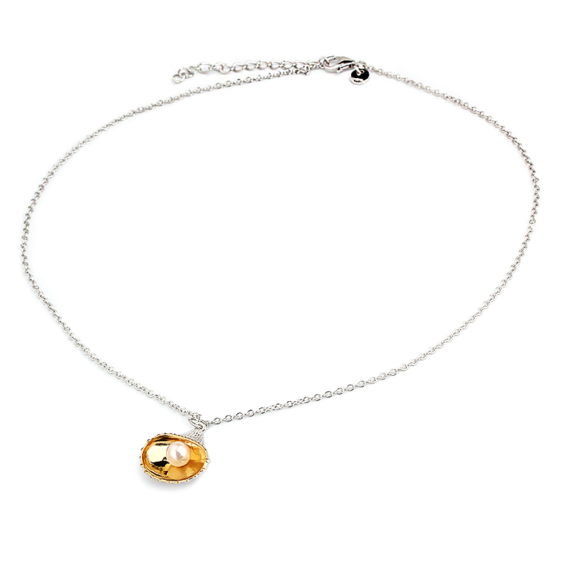 925 Sterling Silver Adjustable Necklace with Oval Citrine and Pearl Pendant