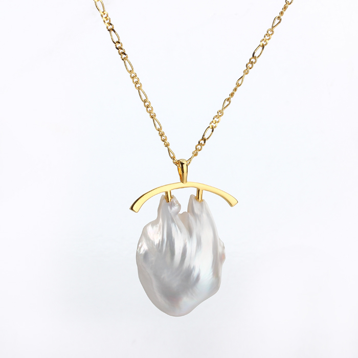 925 Sterling Silver Gold Adjustable Figaro Chain Necklace with Baroque Pearl Pendant