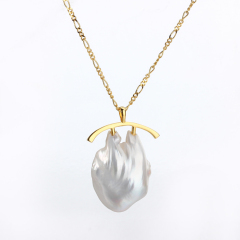 925 Sterling Silver Gold Adjustable Figaro Chain Necklace with Baroque Pearl Pendant