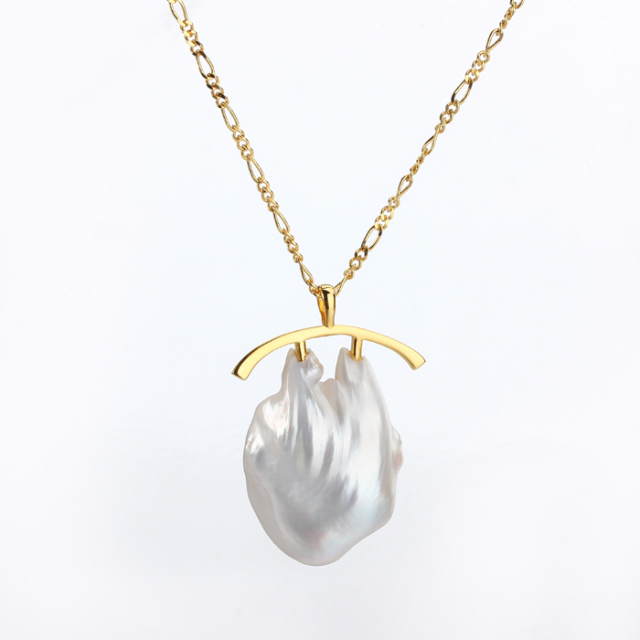 925 Sterling Silver Gold Adjustable Figaro Chain Necklace with Baroque Pearl Pendant