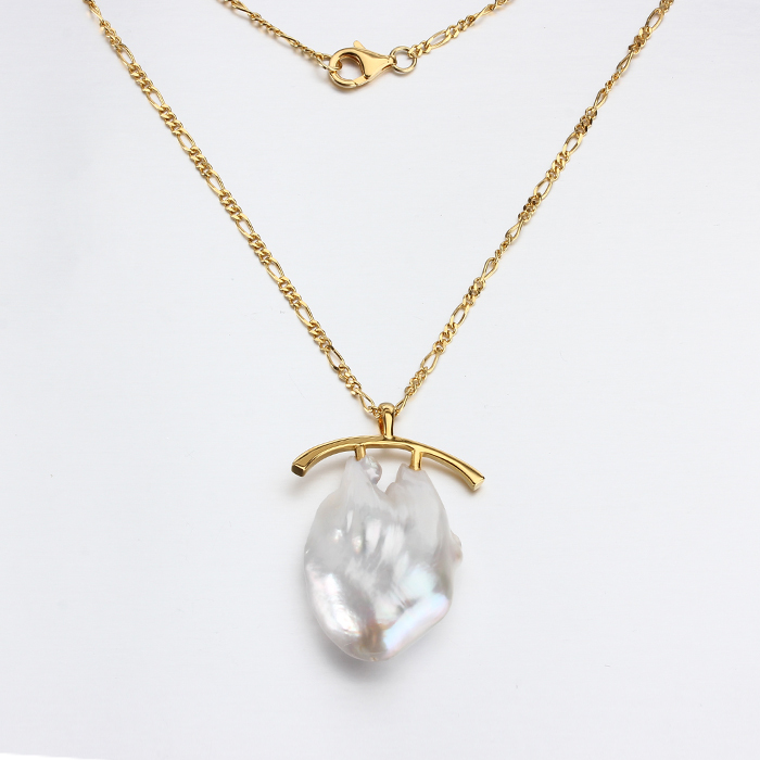 925 Sterling Silver Gold Adjustable Figaro Chain Necklace with Baroque Pearl Pendant
