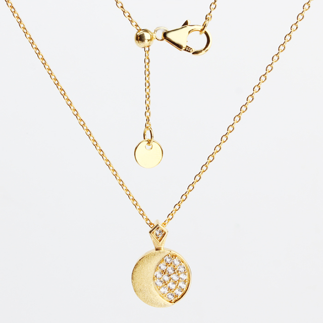 925 Sterling Silver Gold Adjustable Necklace with Pave Crystal Round Pendant