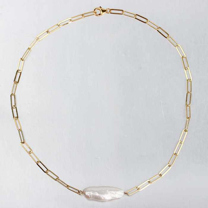 925 Sterling Silver Gold Paperclip Chain Choker with Baroque Pearl Pendant