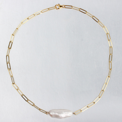 925 Sterling Silver Gold Paperclip Chain Choker with Baroque Pearl Pendant