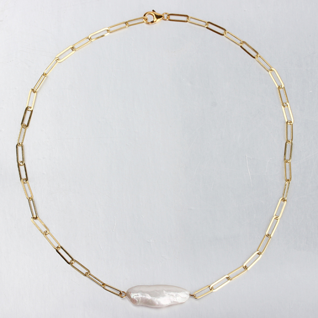 925 Sterling Silver Gold Paperclip Chain Choker with Baroque Pearl Pendant