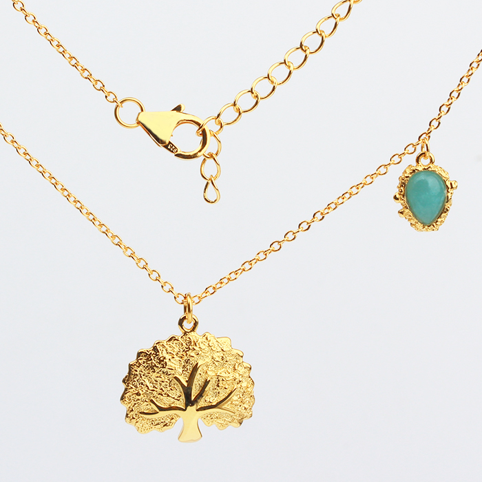 925 Sterling Silver Gold Layered Necklace with Tree of Life and Turquoise Teardrop Pendants