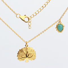 925 Sterling Silver Gold Layered Necklace with Tree of Life and Turquoise Teardrop Pendants