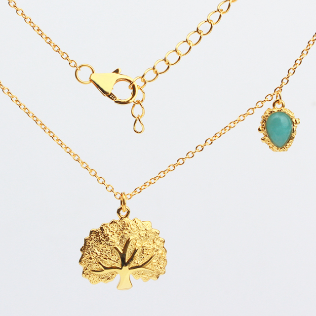 925 Sterling Silver Gold Layered Necklace with Tree of Life and Turquoise Teardrop Pendants