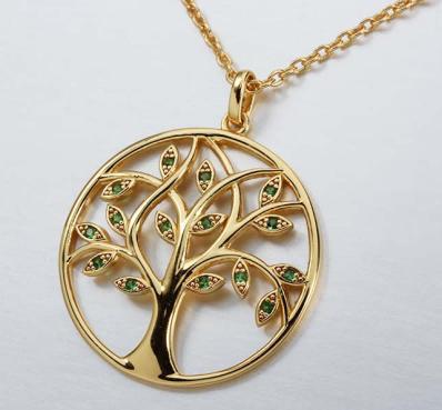 925 Sterling Silver Gold Plated Tree of Life Pendant Necklace with Green Crystal Accents