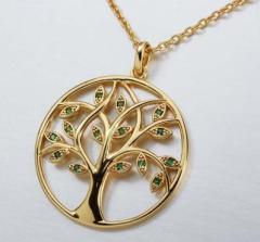 925 Sterling Silver Gold Plated Tree of Life Pendant Necklace with Green Crystal Accents