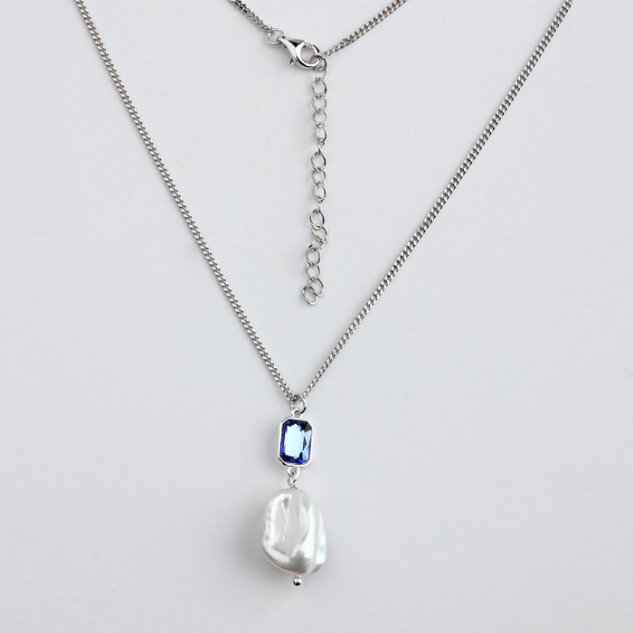 925 Sterling Silver Adjustable Pendant Necklace with Blue Crystal and Baroque Pearl