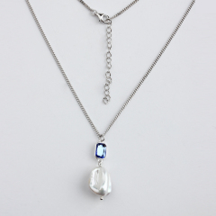 925 Sterling Silver Adjustable Pendant Necklace with Blue Crystal and Baroque Pearl