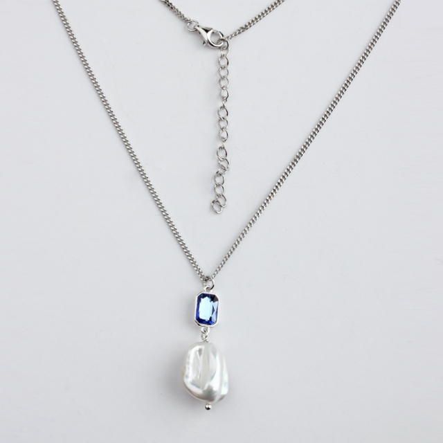 925 Sterling Silver Adjustable Pendant Necklace with Blue Crystal and Baroque Pearl