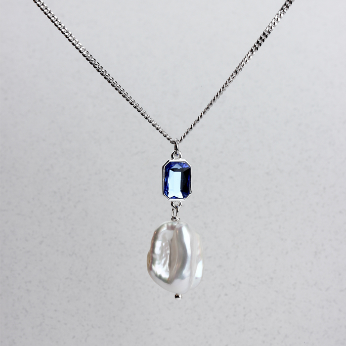 925 Sterling Silver Adjustable Pendant Necklace with Blue Crystal and Baroque Pearl