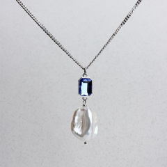 925 Sterling Silver Adjustable Pendant Necklace with Blue Crystal and Baroque Pearl