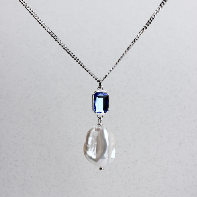 925 Sterling Silver Adjustable Pendant Necklace with Blue Crystal and Baroque Pearl