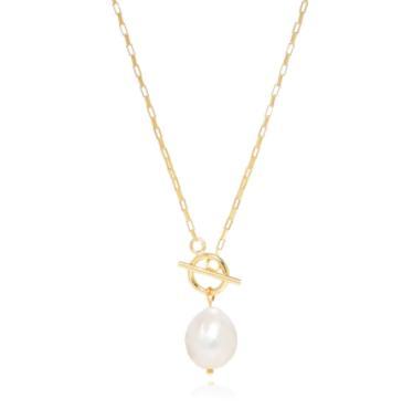 925 Sterling Silver Gold Toggle Chain Necklace with Baroque Pearl Pendant