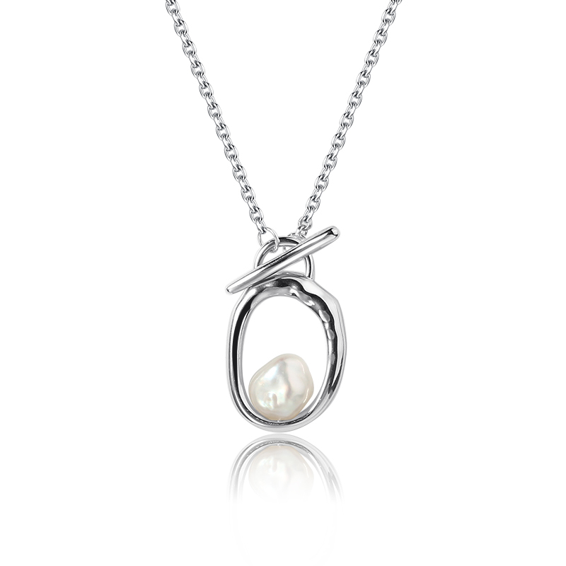 925 Sterling Silver T-Bar Pendant Necklace with Baroque Pearl Accent