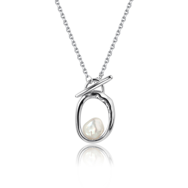 925 Sterling Silver T-Bar Pendant Necklace with Baroque Pearl Accent