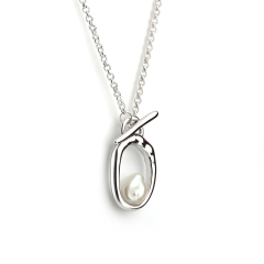 925 Sterling Silver T-Bar Pendant Necklace with Baroque Pearl Accent