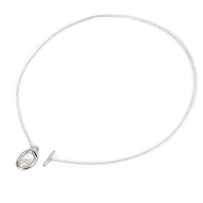 925 Sterling Silver T-Bar Pendant Necklace with Baroque Pearl Accent
