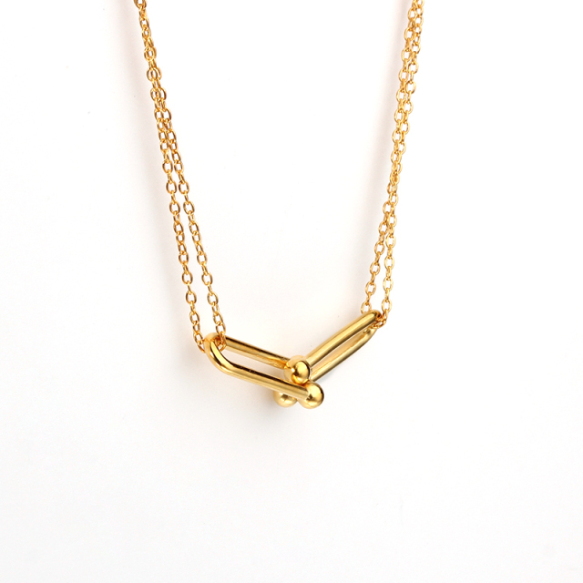 925 Sterling Silver Gold Double-Chain Necklace with Interlocking U-Link Pendant