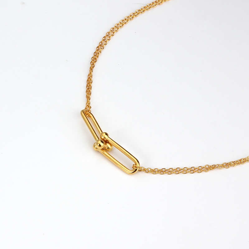 925 Sterling Silver Gold Double-Chain Necklace with Interlocking U-Link Pendant
