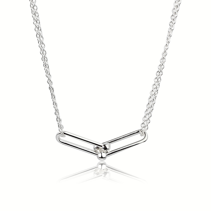 925 Sterling Silver Gold Double-Chain Necklace with Interlocking U-Link Pendant