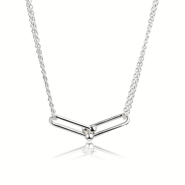 925 Sterling Silver Gold Double-Chain Necklace with Interlocking U-Link Pendant