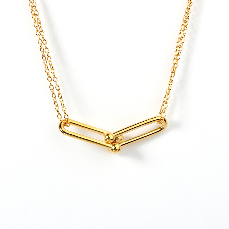 925 Sterling Silver Gold Double-Chain Necklace with Interlocking U-Link Pendant