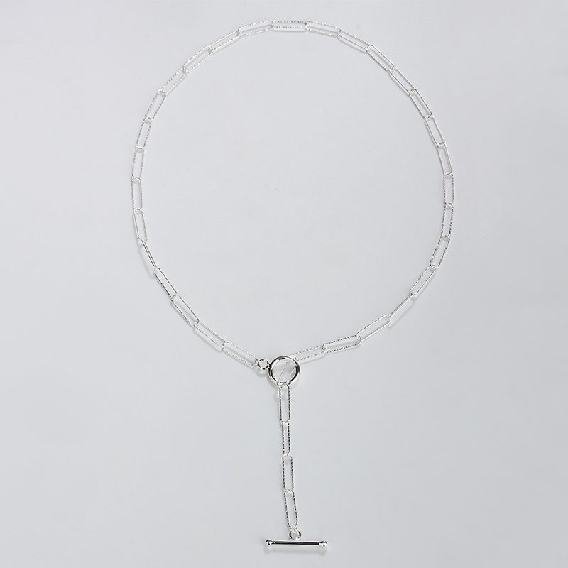925 Sterling Silver Paperclip Chain T-Bar Lariat Necklace