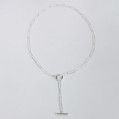 925 Sterling Silver Paperclip Chain T-Bar Lariat Necklace