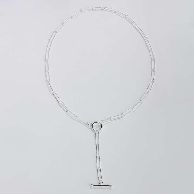 925 Sterling Silver Paperclip Chain T-Bar Lariat Necklace