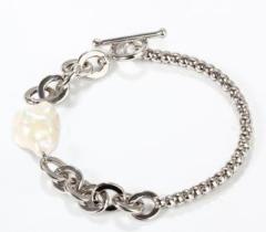 925 Sterling Silver Mixed Chain Baroque Pearl Toggle Bracelet