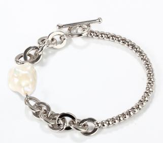 925 Sterling Silver Mixed Chain Baroque Pearl Toggle Bracelet