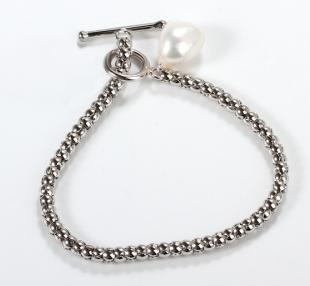 925 Sterling Silver Popcorn Chain Baroque Pearl Toggle Bracelet