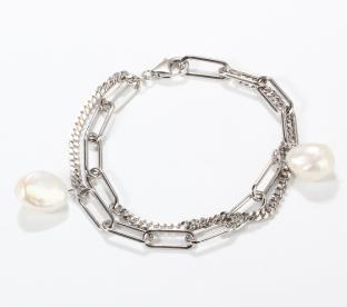 925 Sterling Silver Double Layer Baroque Pearl Paperclip Bracelet